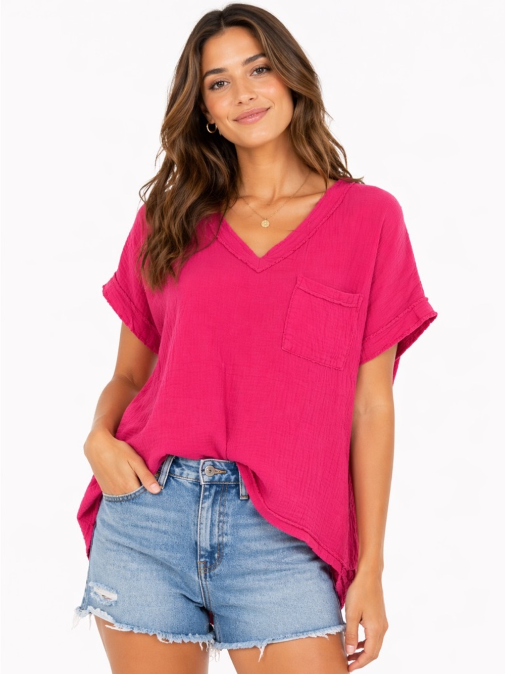 143 Story‎ Size Small Oversized Vibrant Pink Textured Gauze Shirt with Pocket